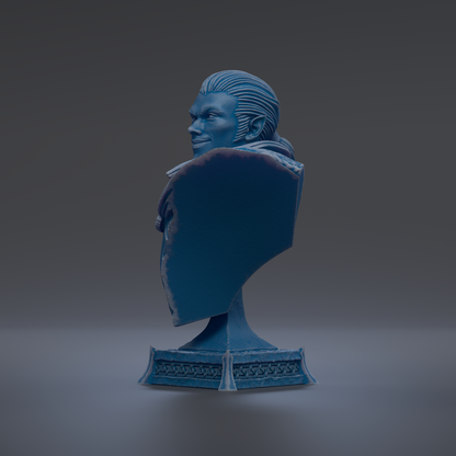 A 3D rendering of a blue bust sculpture depicting a man with a serious expression.
