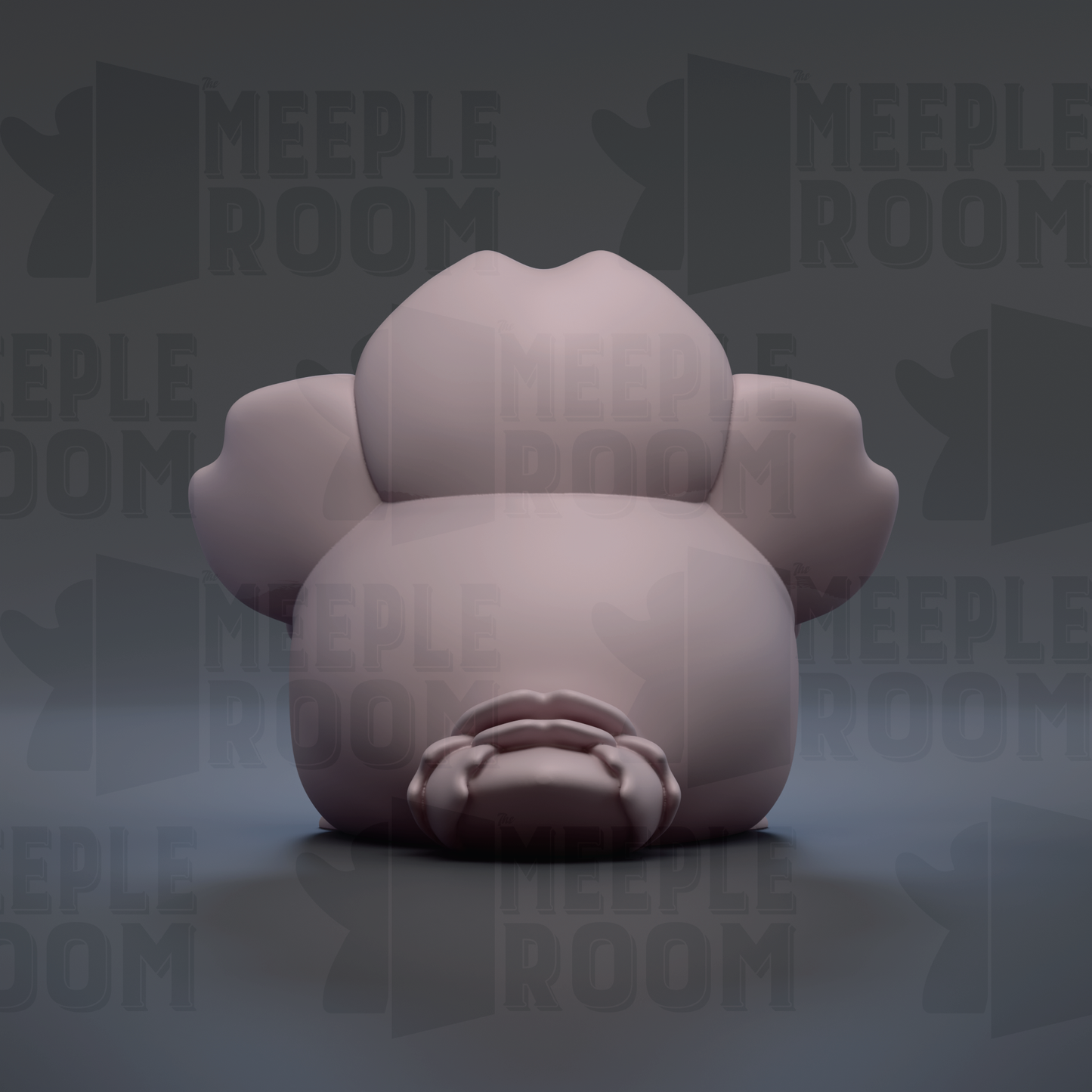 A 3D rendering of a pink, abstract shape resembling a flower or a small animal, with the text "MEUPLE ROOM" repeated in the background.