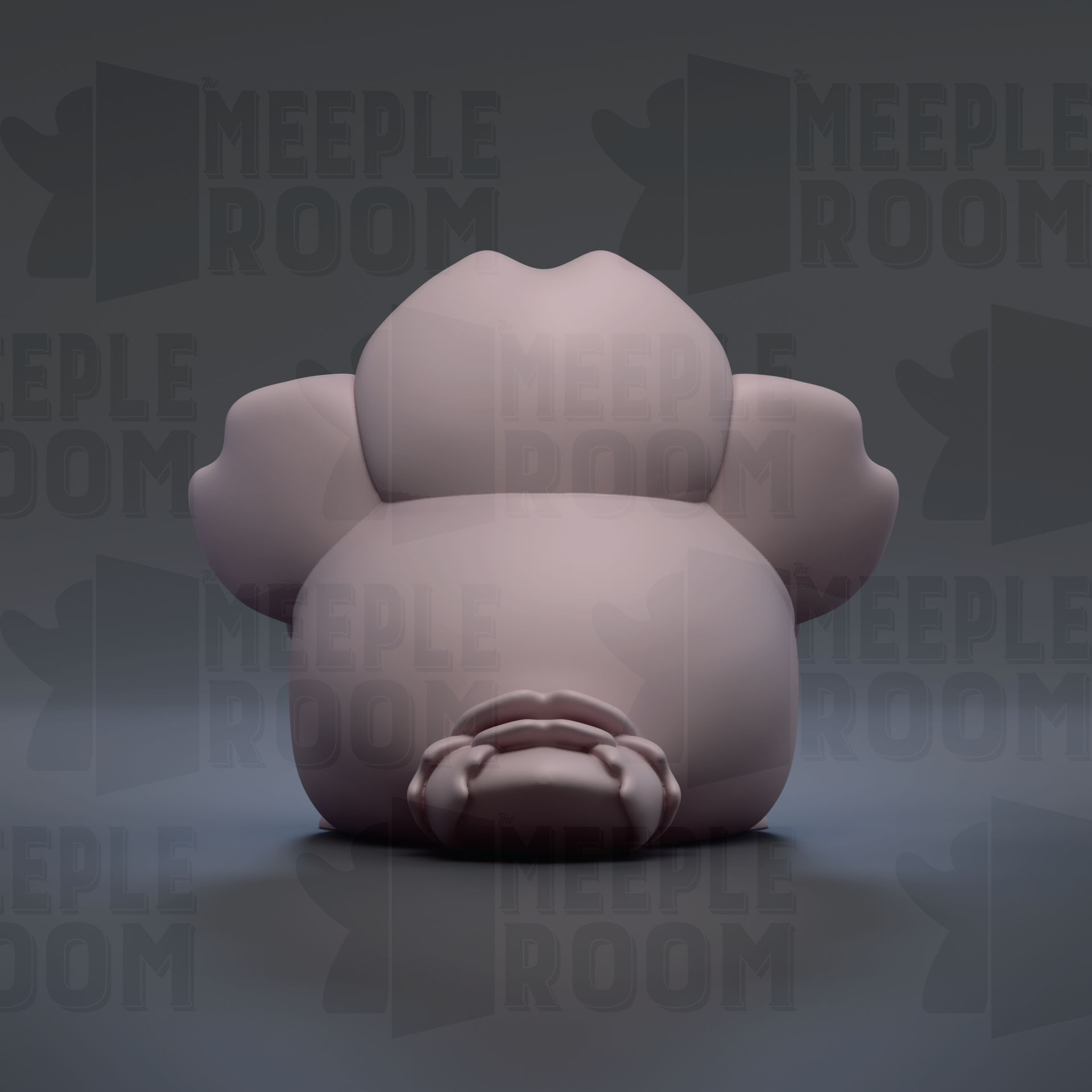 A 3D rendering of a pink, abstract shape resembling a flower or a small animal, with the text "MEUPLE ROOM" repeated in the background.