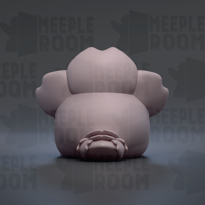 A 3D rendering of a pink, abstract shape resembling a flower or a small animal, with the text "MEUPLE ROOM" repeated in the background.