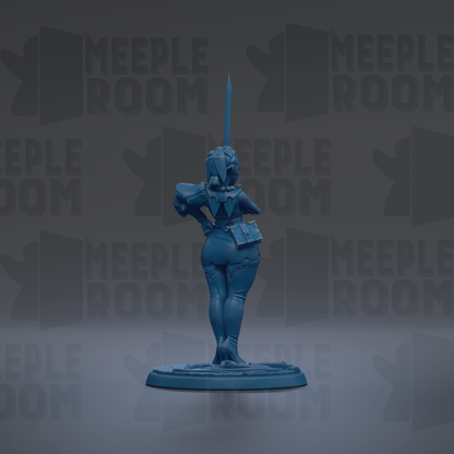 A blue figurine of a woman holding a sword stands on a base against a dark background with repeated "MEIPLLE ROOM" text.
