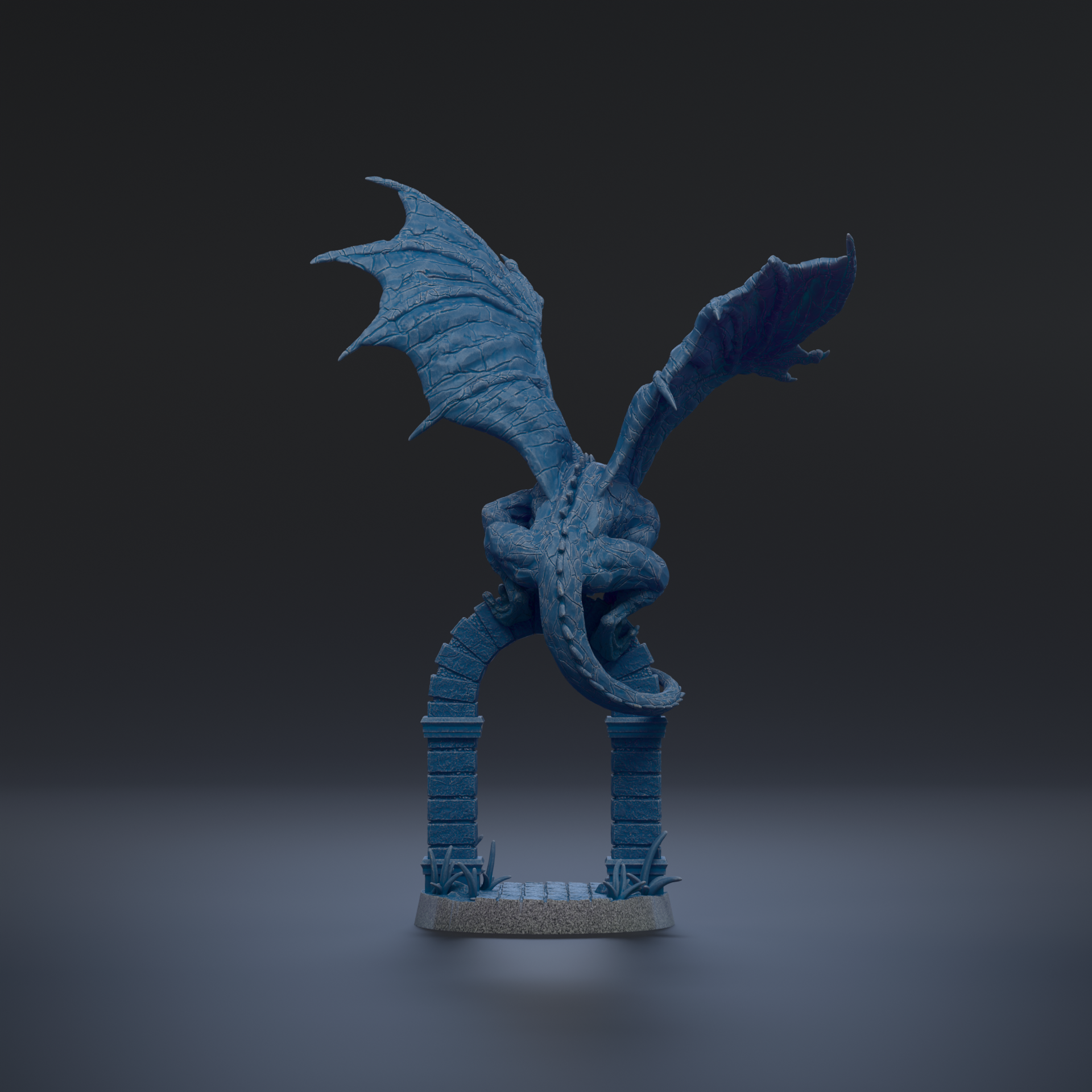 A blue dragon statue with wings spread, standing on a gray base with a stone arch structure.