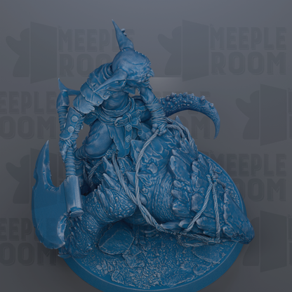 A detailed 3D rendering of a blue armored figure wielding a weapon, standing atop a large, intricately detailed creature.