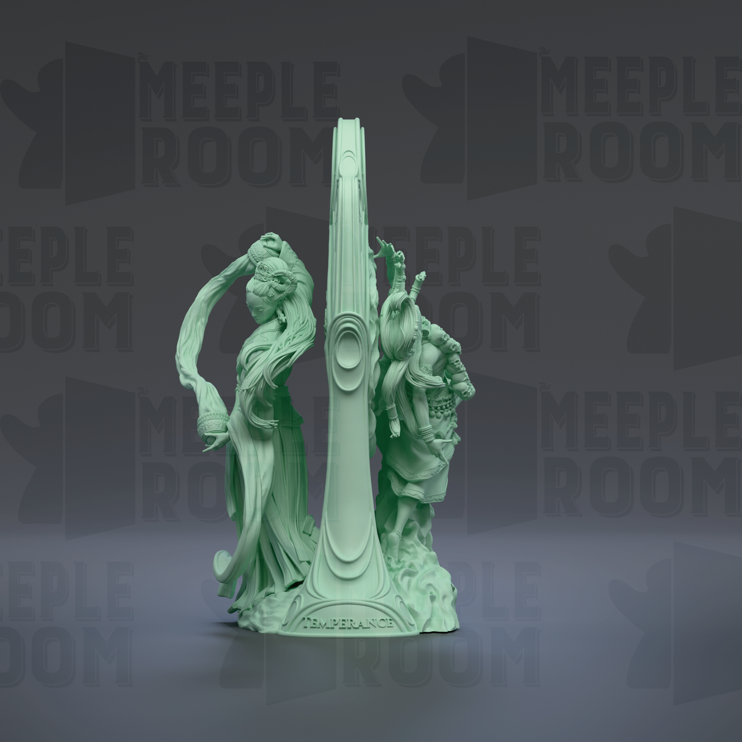 a green statue of a woman with flowing hair and a long dress, standing on a pedestal with the word "TEMPERANCE" written on it.