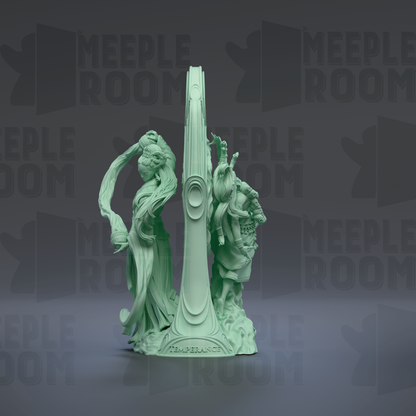 a green statue of a woman with flowing hair and a long dress, standing on a pedestal with the word "TEMPERANCE" written on it.
