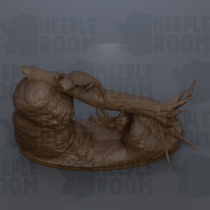 A 3D rendering of a sculpture depicting a small animal, possibly a rodent or a similar creature, interacting with a large tree trunk or branch.