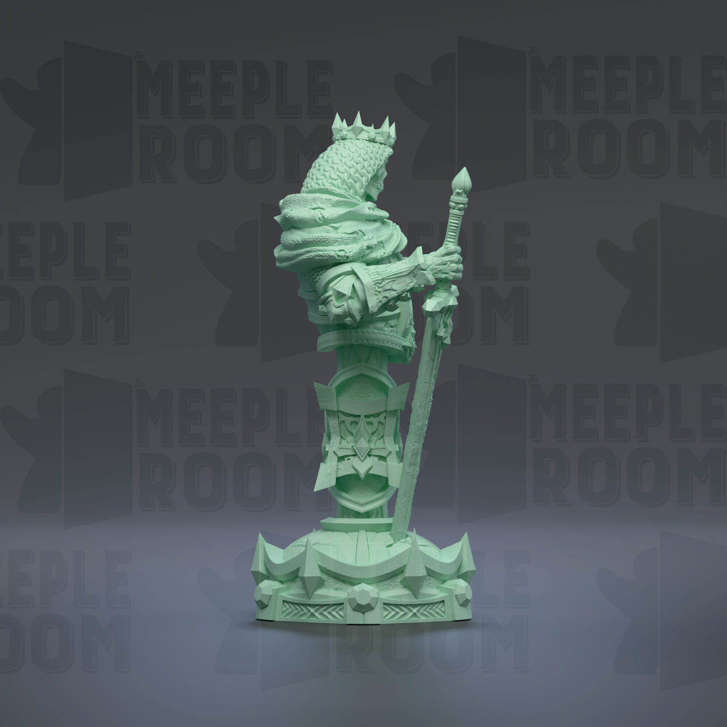 A green statue of a figure holding a sword and shield, standing on a pedestal with a geometric base.