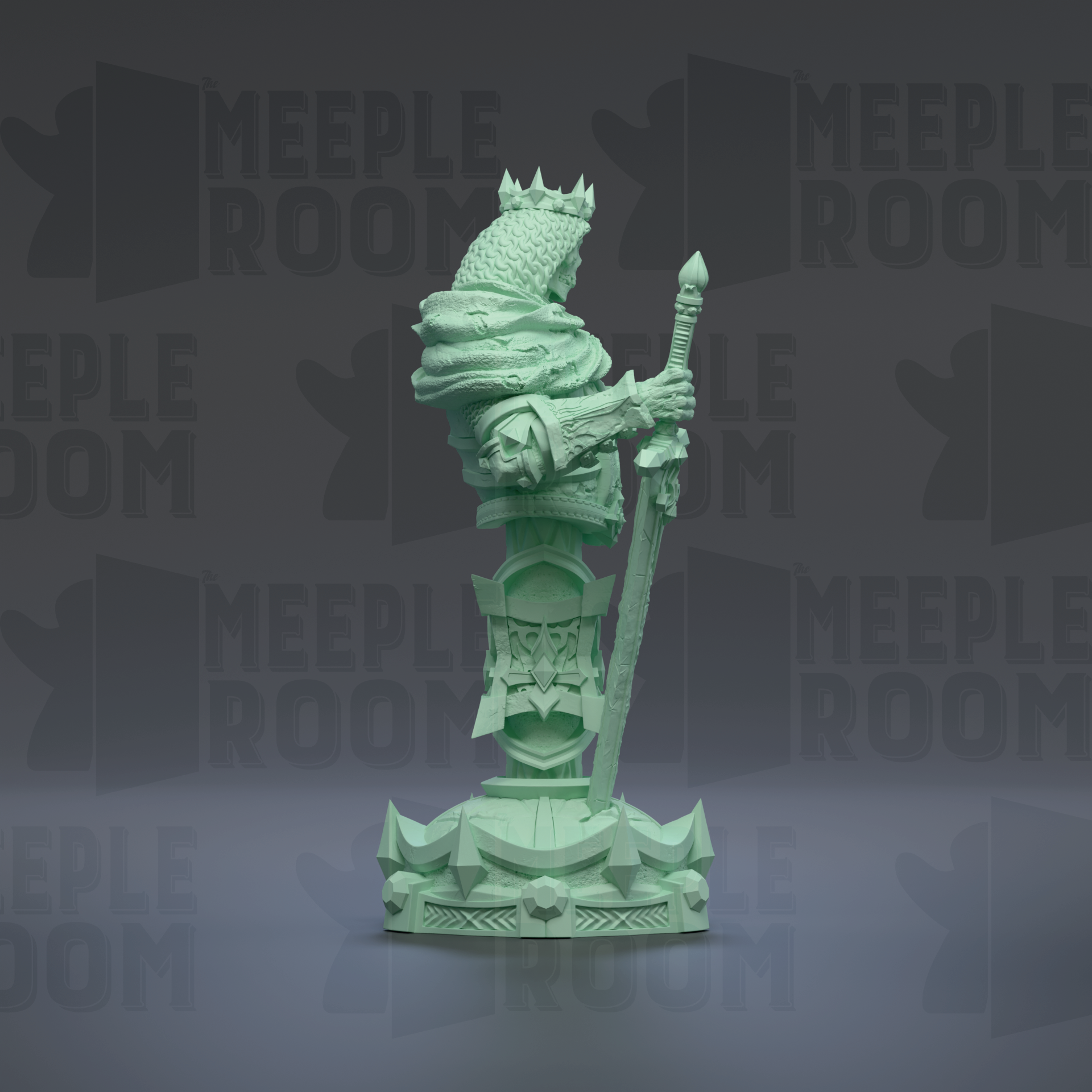 A green statue of a figure holding a sword and shield, standing on a pedestal with a geometric base.