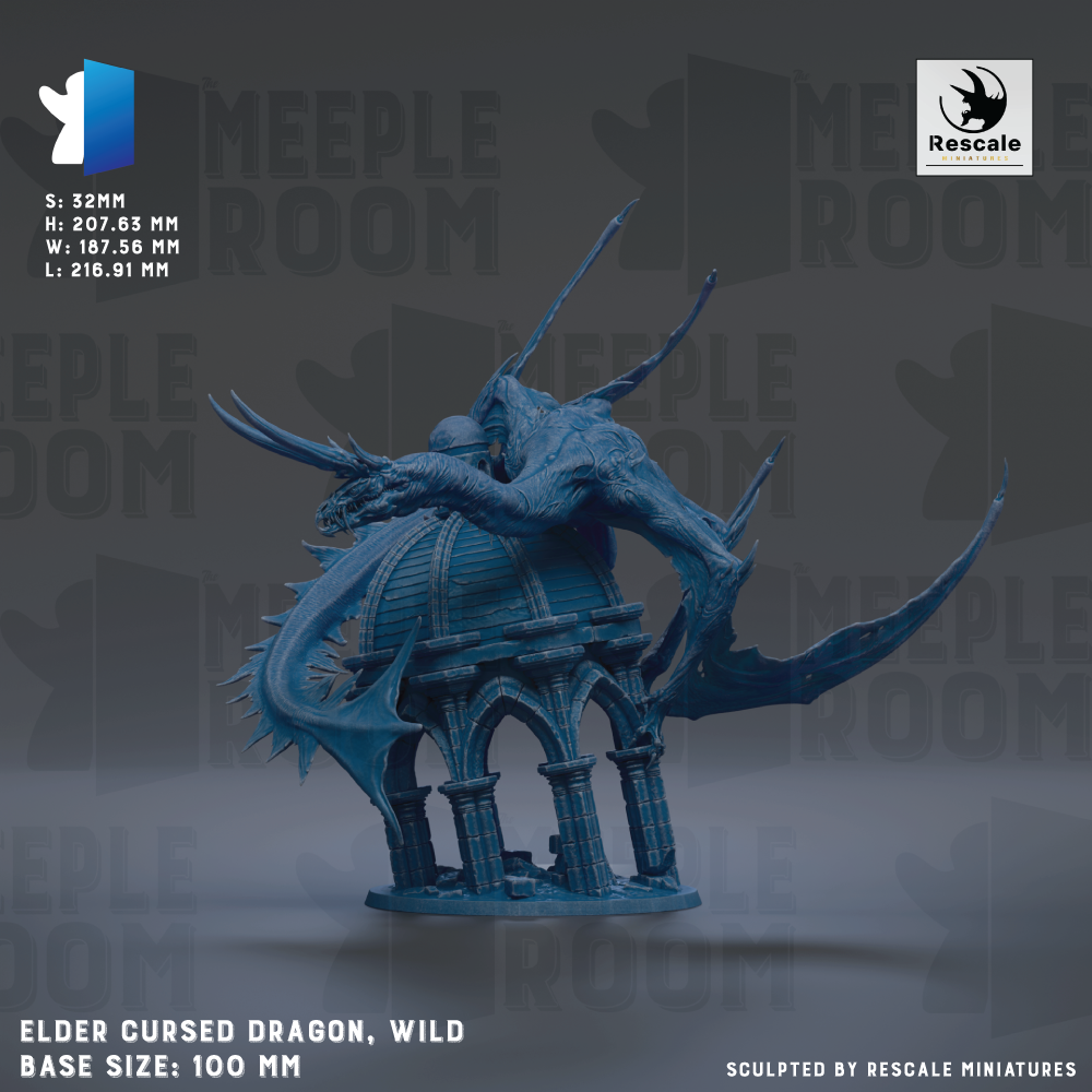 a large, blue, winged creature resembling a dragon or mythical creature. The creature has a long, curved tail and is perched on a structure with arches. The creature appears to be wild and possibly dangerous, as it is described as "Elderly" and "Cursed". The image is a scale model of the creature, with a base size of 100 millimeters. The creature is sculpted by Rescue miniatures.