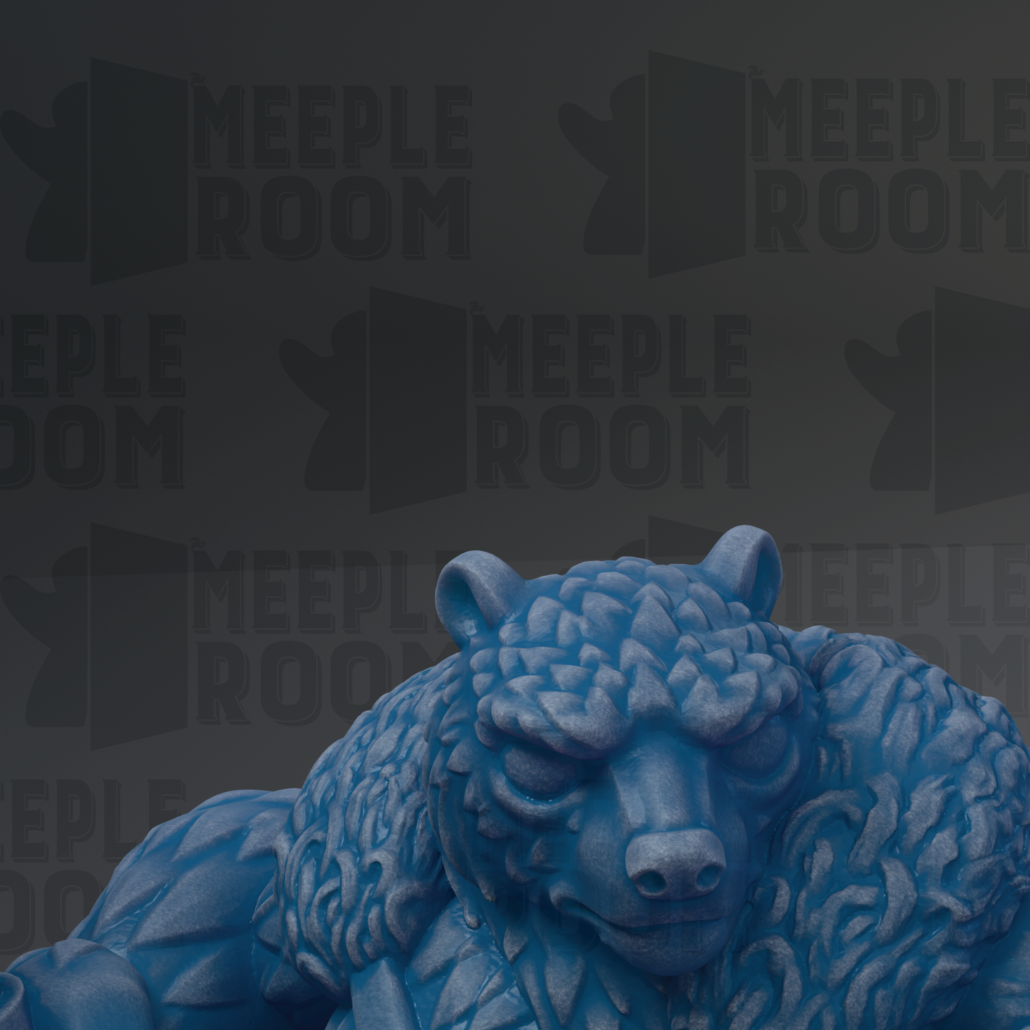 A large, blue bear statue with intricate details and a fierce expression is prominently featured in the image.