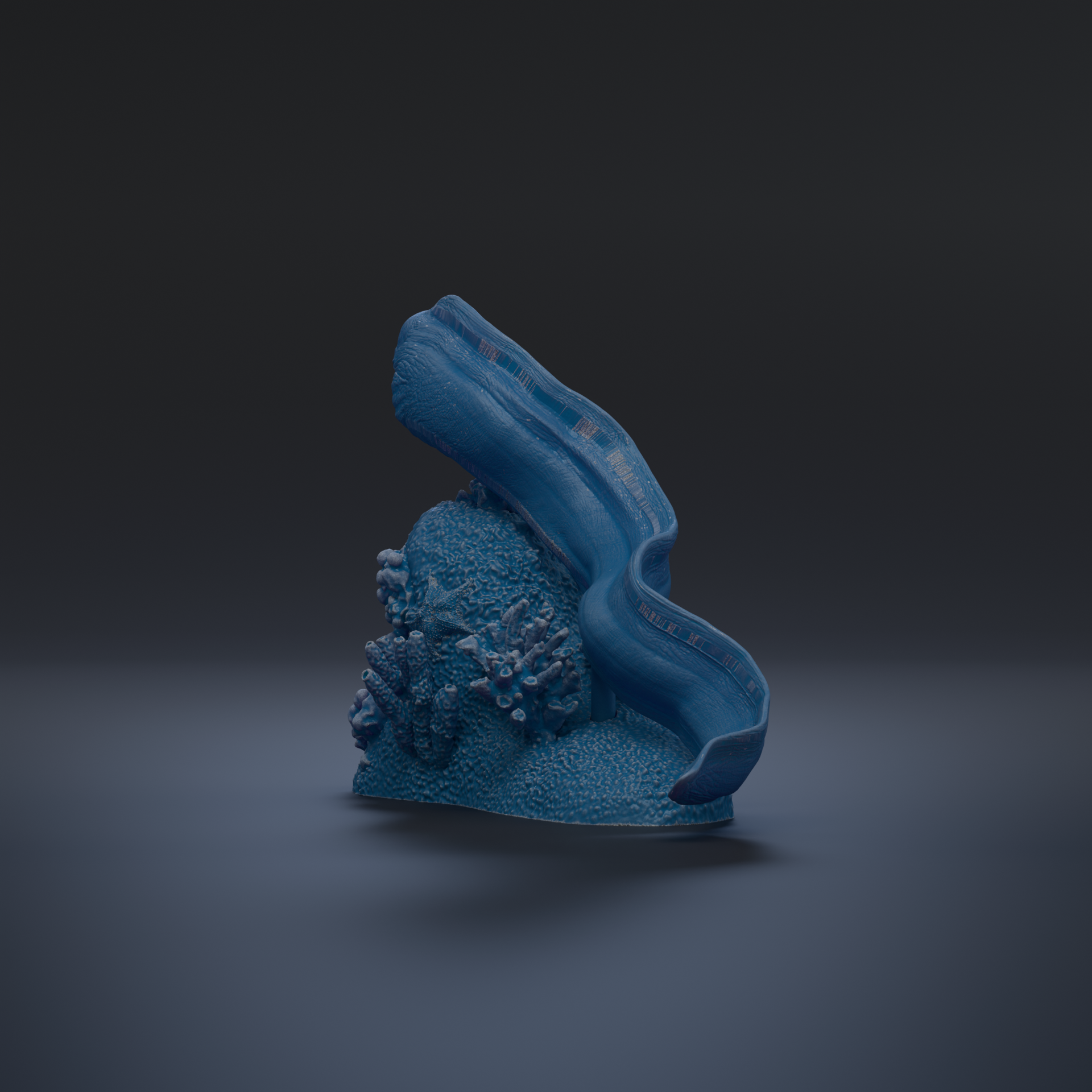 A blue, abstract sculpture resembling a wave or sea creature is shown against a dark background.