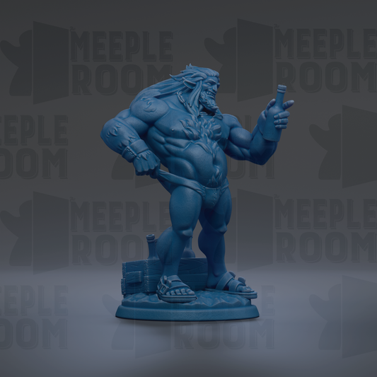 A blue, muscular statue of a muscular man with long hair and a beard, holding a bottle in his right hand.