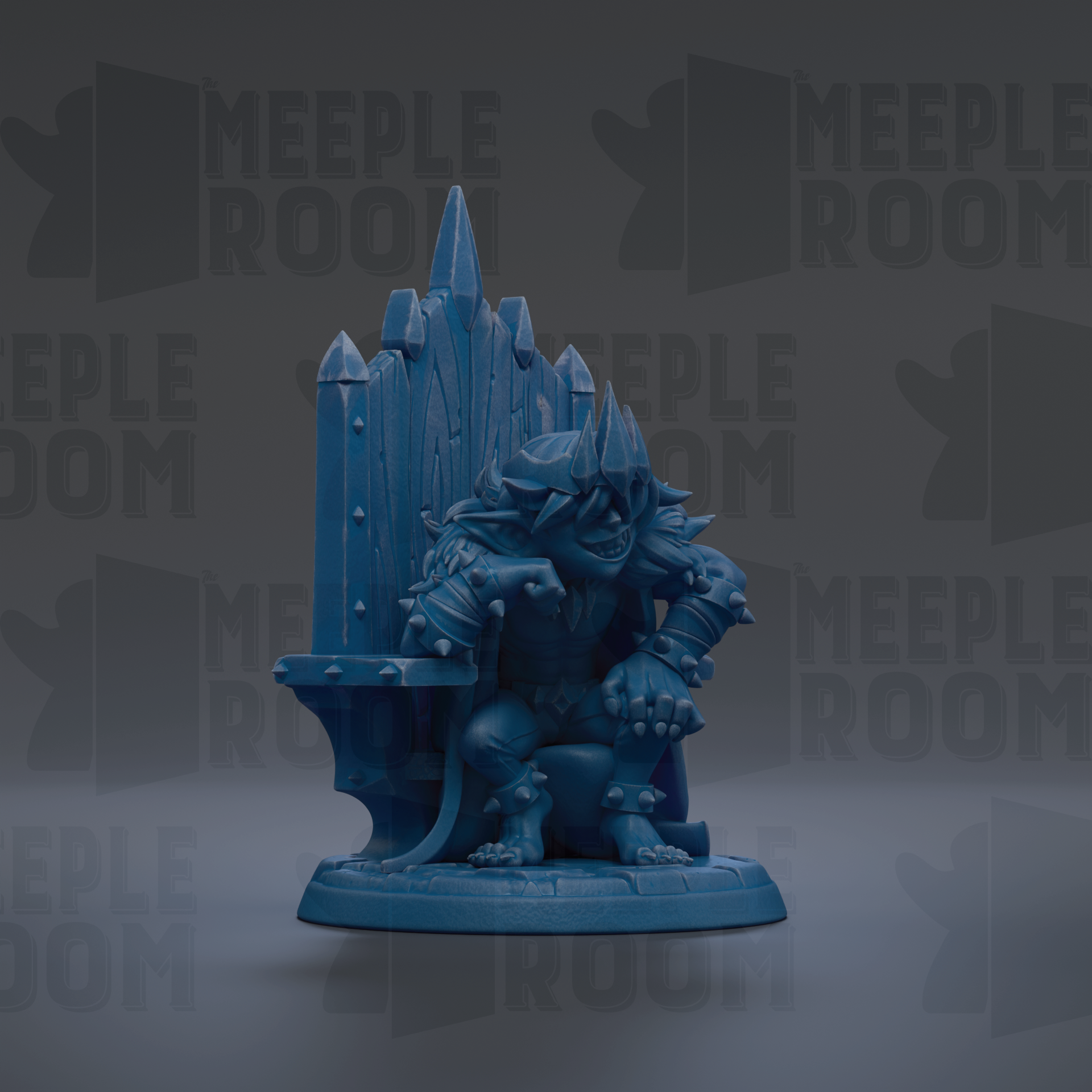 A blue figurine of a fantastical creature sitting on a throne-like structure, with the text "MEUPLE ROOM" repeated in the background.