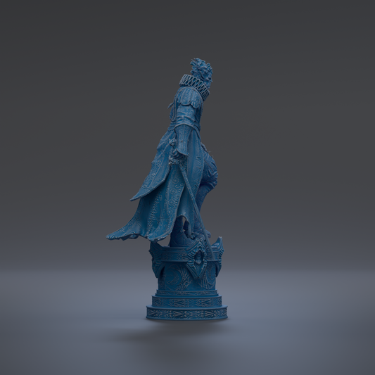 A blue statue of a person standing on a pedestal against a dark background.