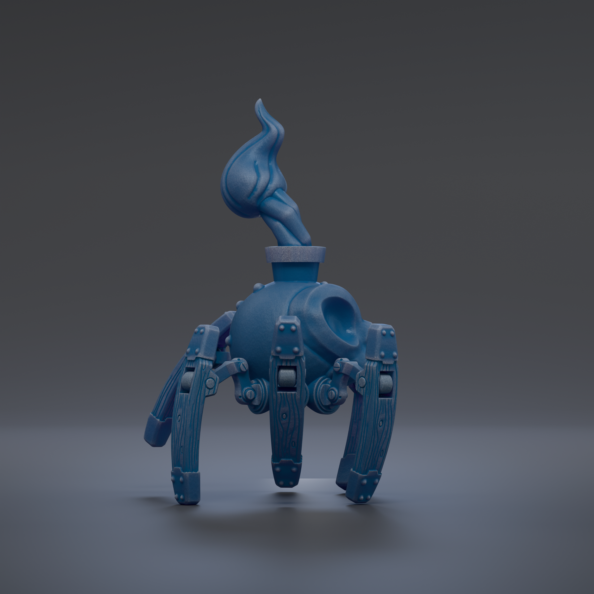 A blue, robotic-looking object with a flame-like shape on top, standing on a gray surface.