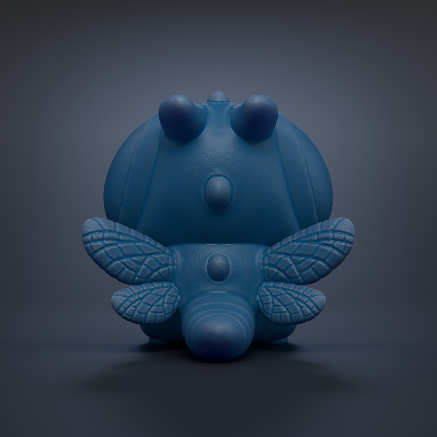 A blue, 3D-rendered toy resembling a small insect or dragon-like creature with large wings and a round head.