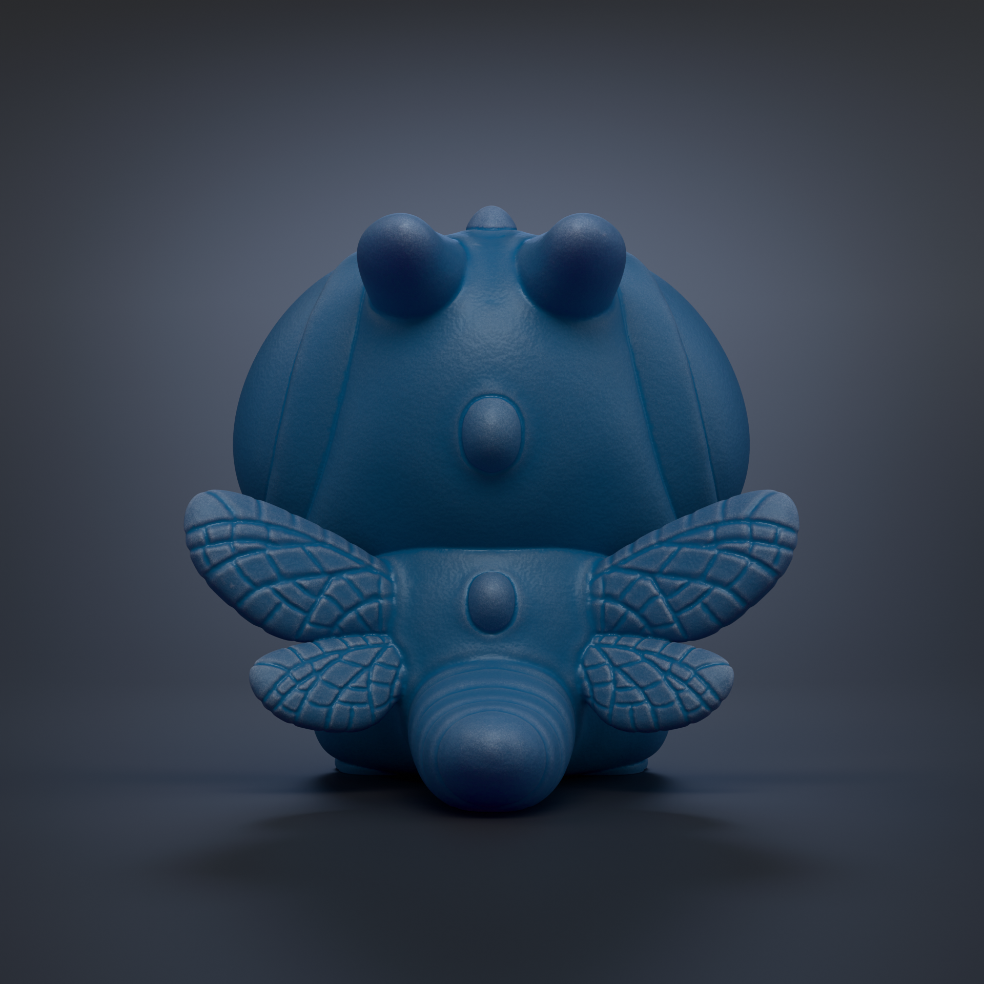 A blue, 3D-rendered toy resembling a small insect or dragon-like creature with large wings and a round head.