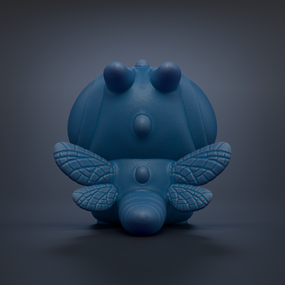 A blue, 3D-rendered toy resembling a small insect or dragon-like creature with large wings and a round head.