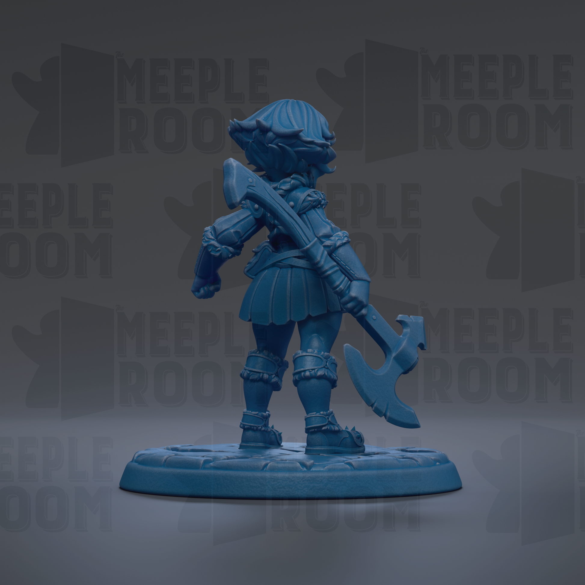 A blue figurine of a person holding a weapon, standing on a base, with the text "MEIPLE ROOM" repeated in the background.