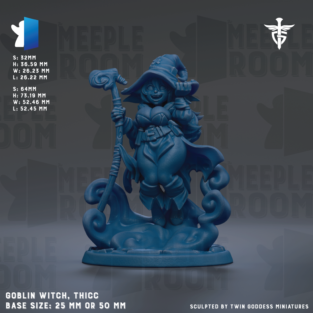 The image is a detailed 3D model of a blue fantasy character, specifically a Hobbit Witch, with a base size of 25mm or 50mm. The character is holding a staff and appears to be in a dynamic pose, surrounded by swirling elements. The image is a sculpted piece, likely created by Twin Goddess Miniatures.