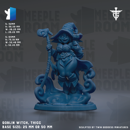 The image is a detailed 3D model of a blue fantasy character, specifically a Hobbit Witch, with a base size of 25mm or 50mm. The character is holding a staff and appears to be in a dynamic pose, surrounded by swirling elements. The image is a sculpted piece, likely created by Twin Goddess Miniatures.