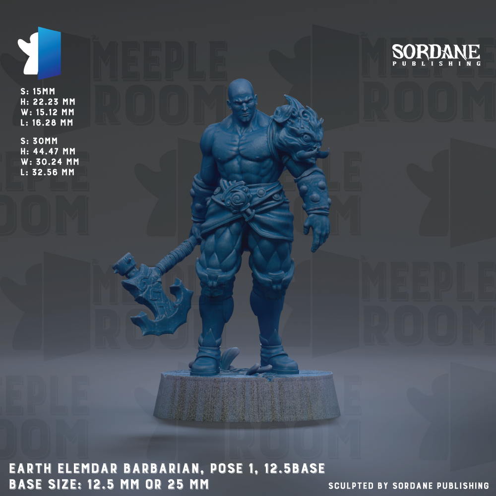 a figurine of a muscular, bearded male character with a sword, standing on a platform. The figurine is described as "Earth Eleventh barbarian, pose 1.12.5base" and has a base size of either 12.5mm or 25 mm. The background of the image is a dark gray color with the text "MEUPLE ROOM" repeated multiple times.