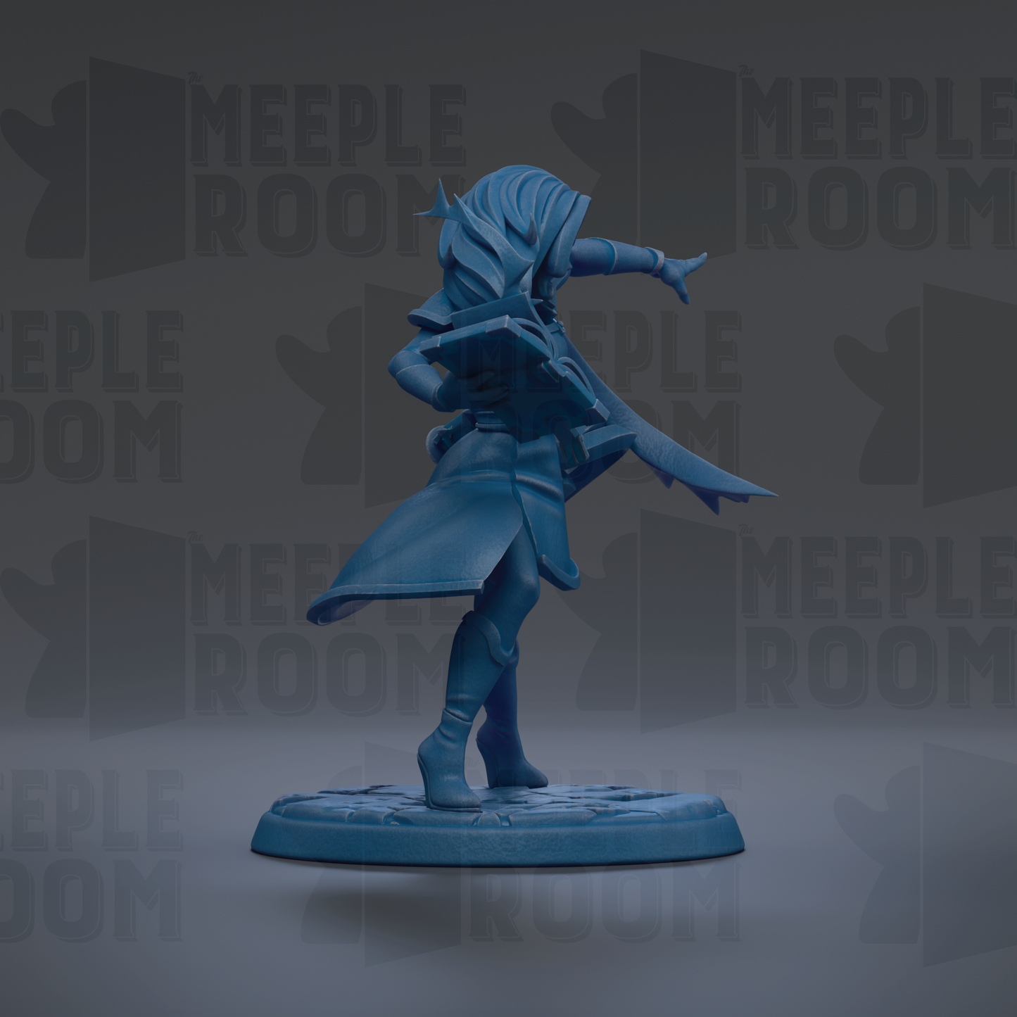 A blue figurine of a person with long hair and a flowing robe, holding a weapon, is shown in a dynamic pose against a dark background with repeated text.