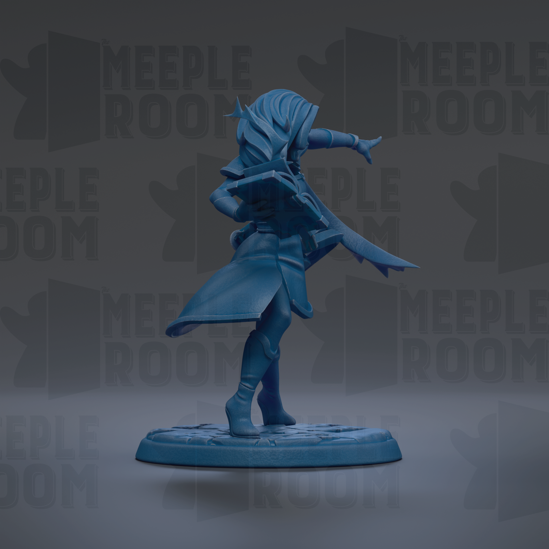 A blue figurine of a person with long hair and a flowing robe, holding a weapon, is shown in a dynamic pose against a dark background with repeated text.