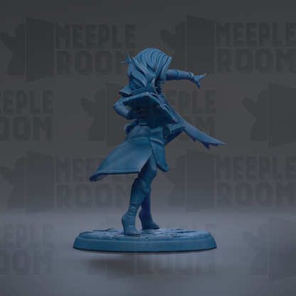 A blue figurine of a person with long hair and a flowing robe, holding a weapon, is shown in a dynamic pose against a dark background with repeated text.