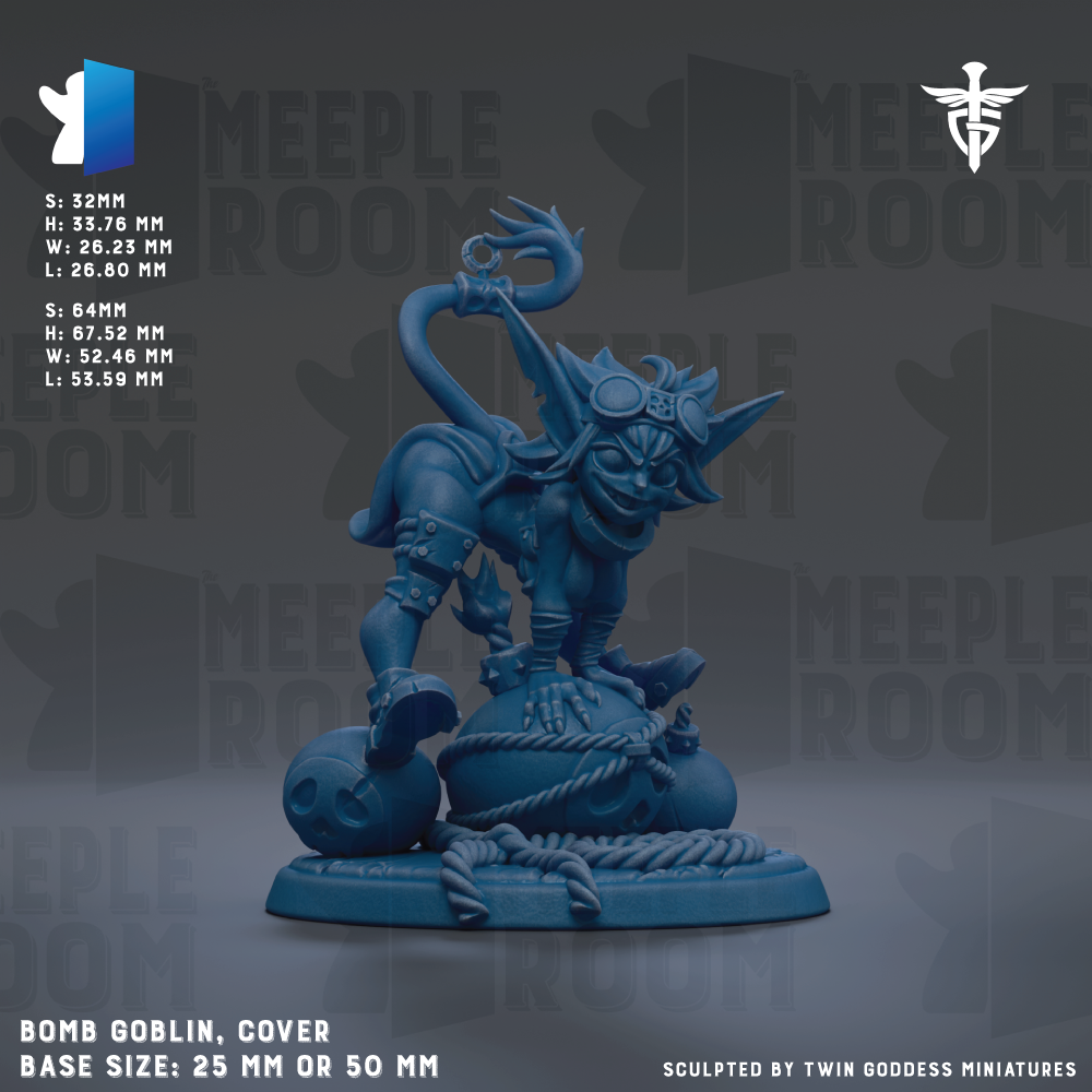 The image is a detailed 3D model of a blue, fantastical creature resembling a dragon or a monster, with intricate details and a realistic pose. The creature is sitting on a large, round object, possibly a ball or a shield, and is holding a weapon in its hand. The image is described as a "BOMB GOBlin, COVER" and is shown in a base size of 25 mm or 50 mm. It is sculpted by "TWIN GODESS MINUTES".