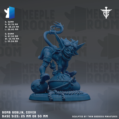 The image is a detailed 3D model of a blue, fantastical creature resembling a dragon or a monster, with intricate details and a realistic pose. The creature is sitting on a large, round object, possibly a ball or a shield, and is holding a weapon in its hand. The image is described as a "BOMB GOBlin, COVER" and is shown in a base size of 25 mm or 50 mm. It is sculpted by "TWIN GODESS MINUTES".