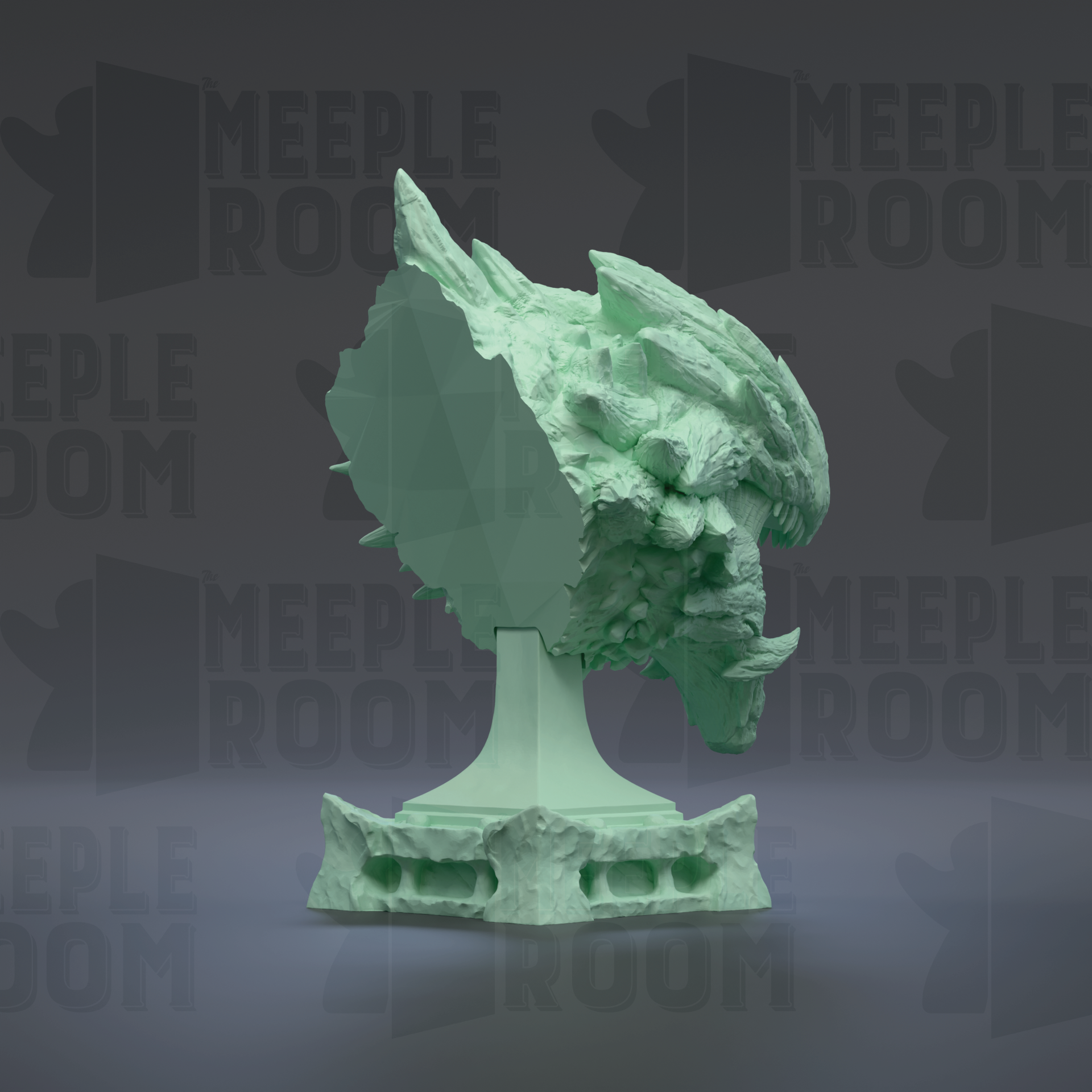A green, sculpted dragon head statue is displayed against a dark background with repeated text.