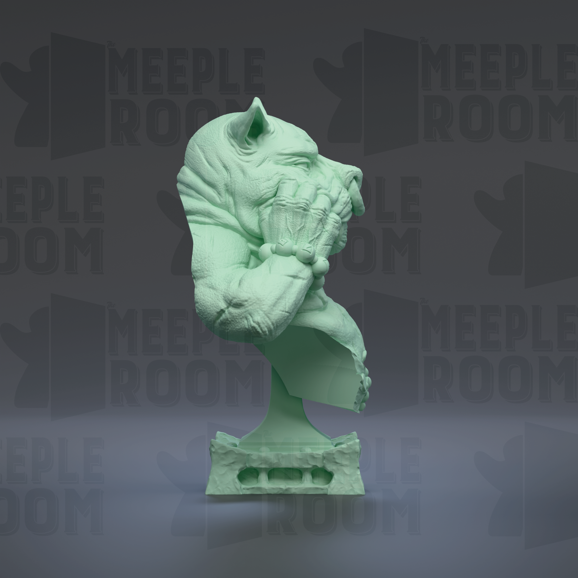 A green bust sculpture with a textured, sculpted face and hands is displayed against a dark background with repeated text.