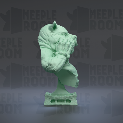 A green bust sculpture with a textured, sculpted face and hands is displayed against a dark background with repeated text.