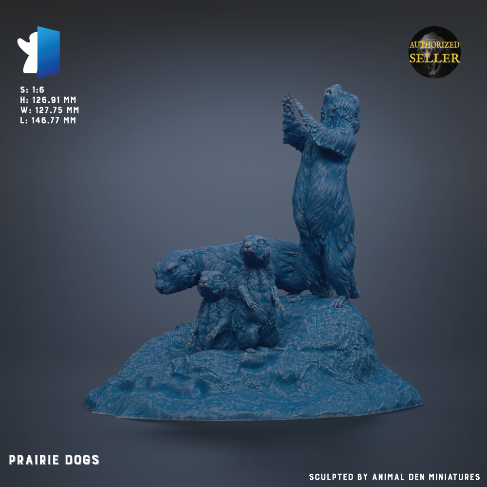 The image is a 3D model of a sculpture depicting a group of dogs, including a bear, standing on a rocky surface.