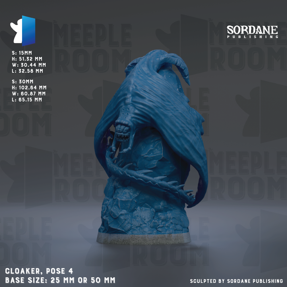 A blue figurine of a dragon-like creature, possibly a mythical or fantasy creature, is displayed against a dark background. The figurine appears to be a sculpture or model, and the image is described as a "cloaker, pose 4" with a base size of either 25mm or 50mm.