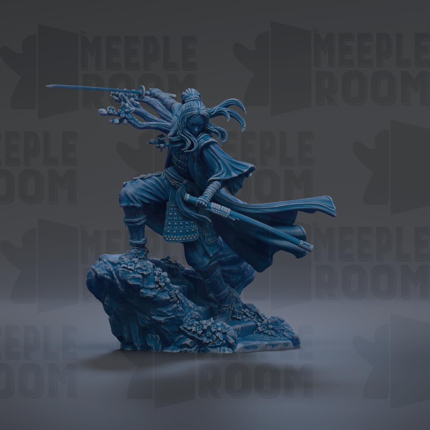 A blue, 3D-rendered statue of a warrior figure wielding a sword and shield, standing on a rocky outcrop against a dark background.