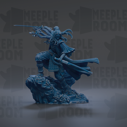 A blue, 3D-rendered statue of a warrior figure wielding a sword and shield, standing on a rocky outcrop against a dark background.
