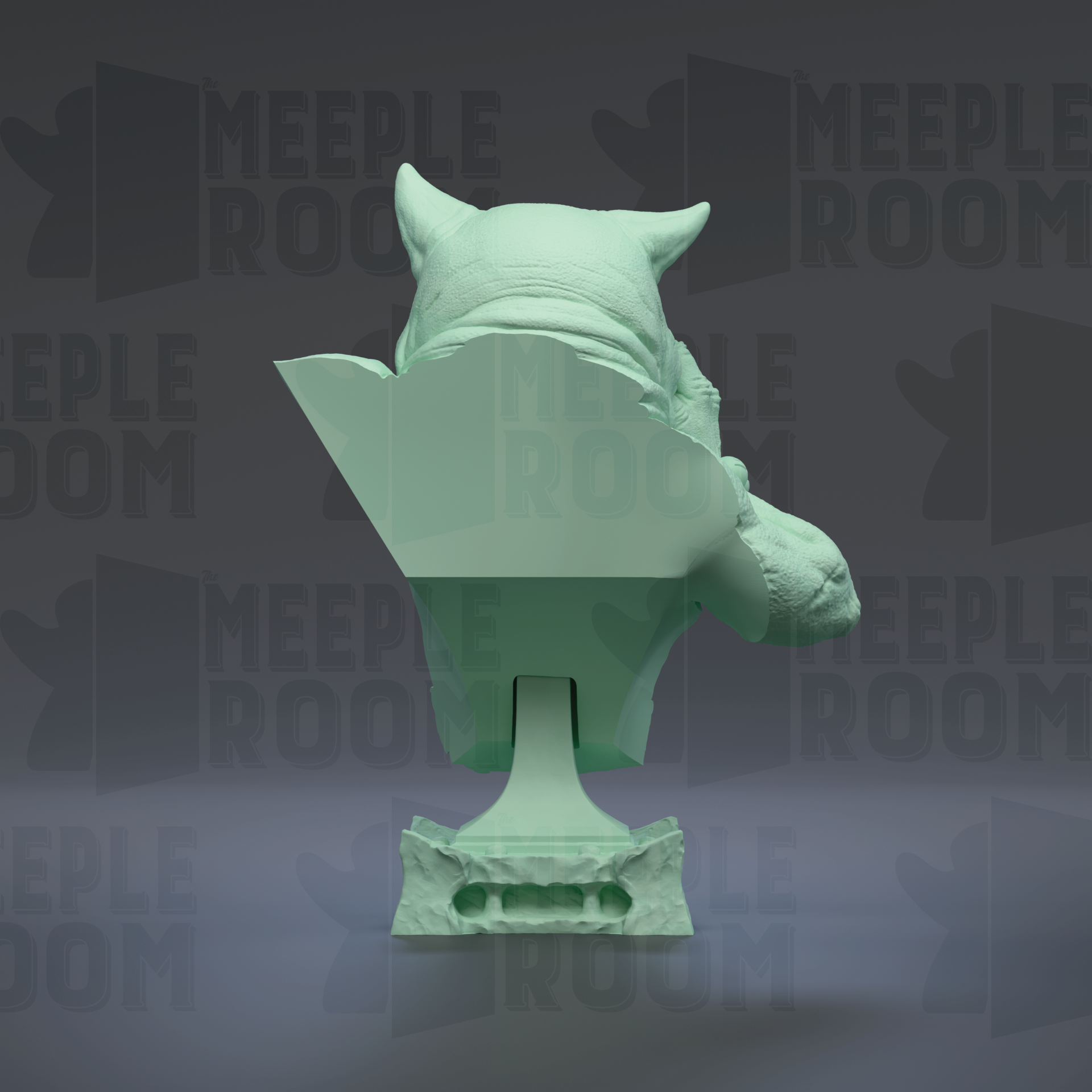 A green statue of a cat sitting on a pedestal against a dark background with repeated text.