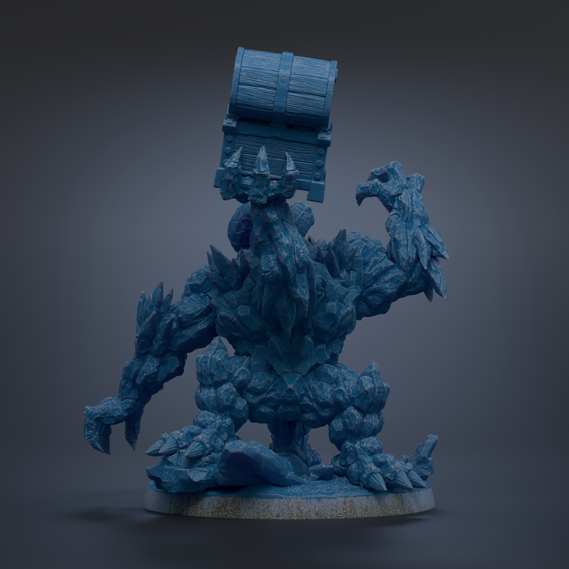 A 3D rendering of a blue, rocky-looking creature with a barrel-shaped object on its head, standing on a platform.