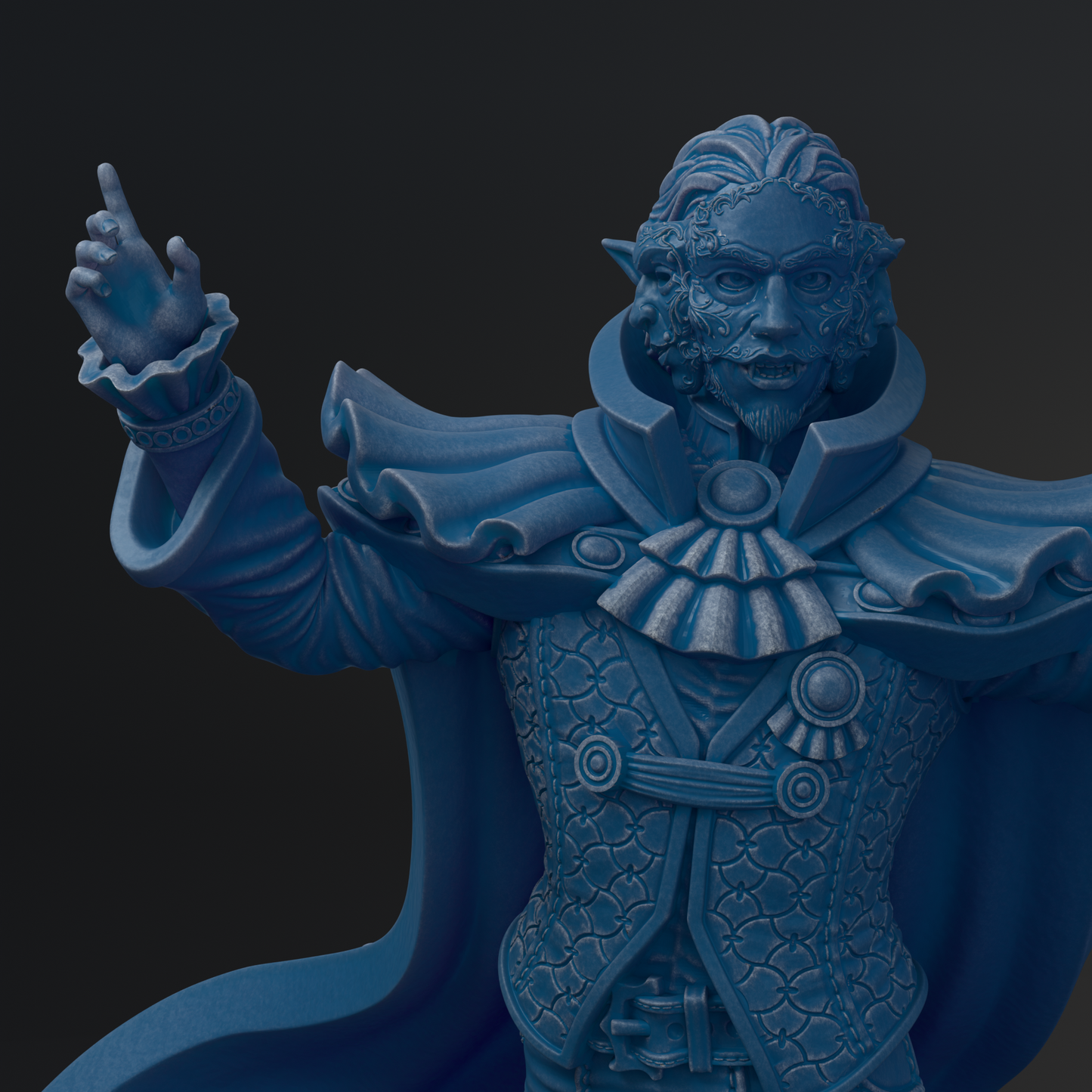 A detailed 3D rendering of a blue statue depicting a figure with an intricate, ornate costume and a serious expression.