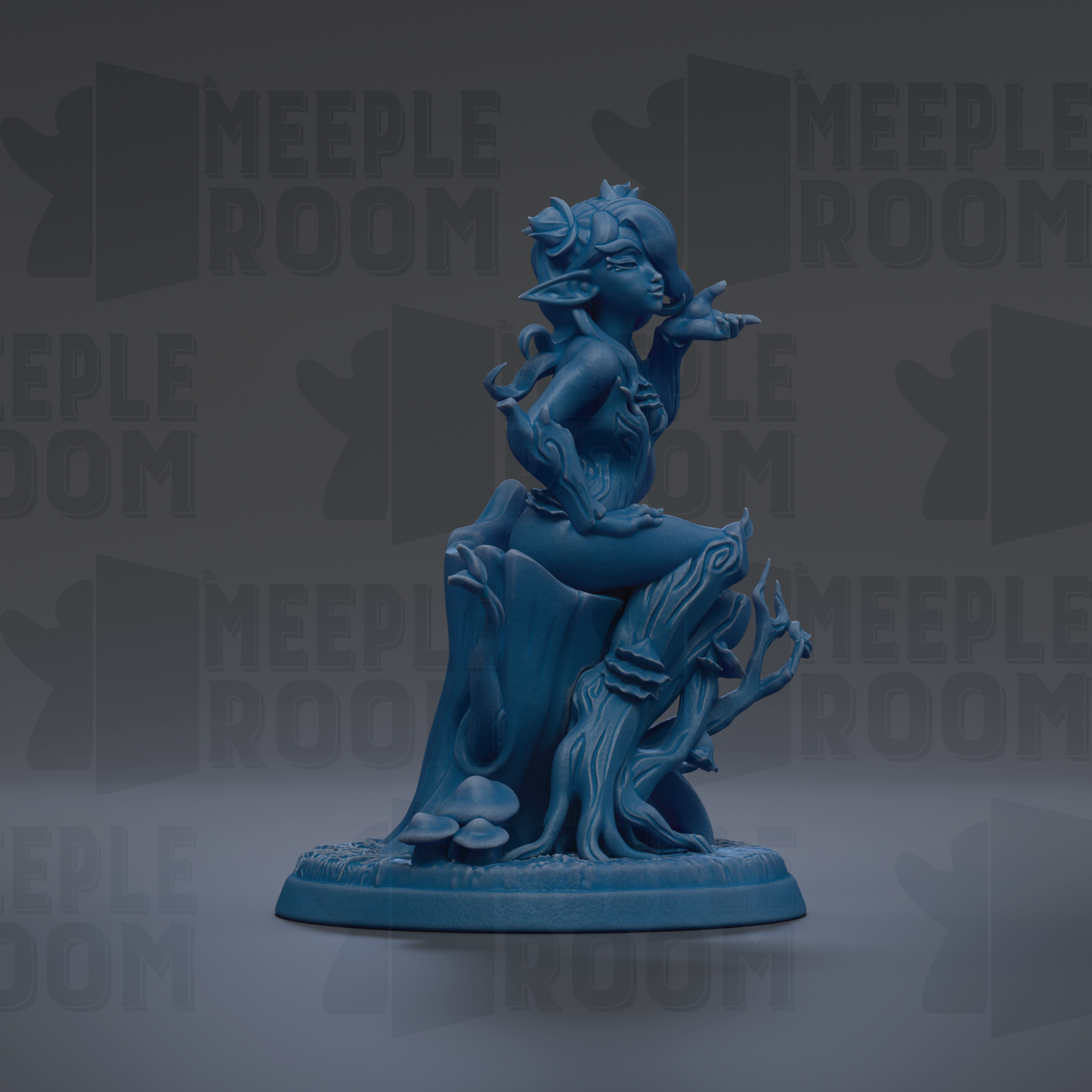 A blue figurine of a fantastical creature sitting on a tree stump, surrounded by mushrooms and other natural elements.