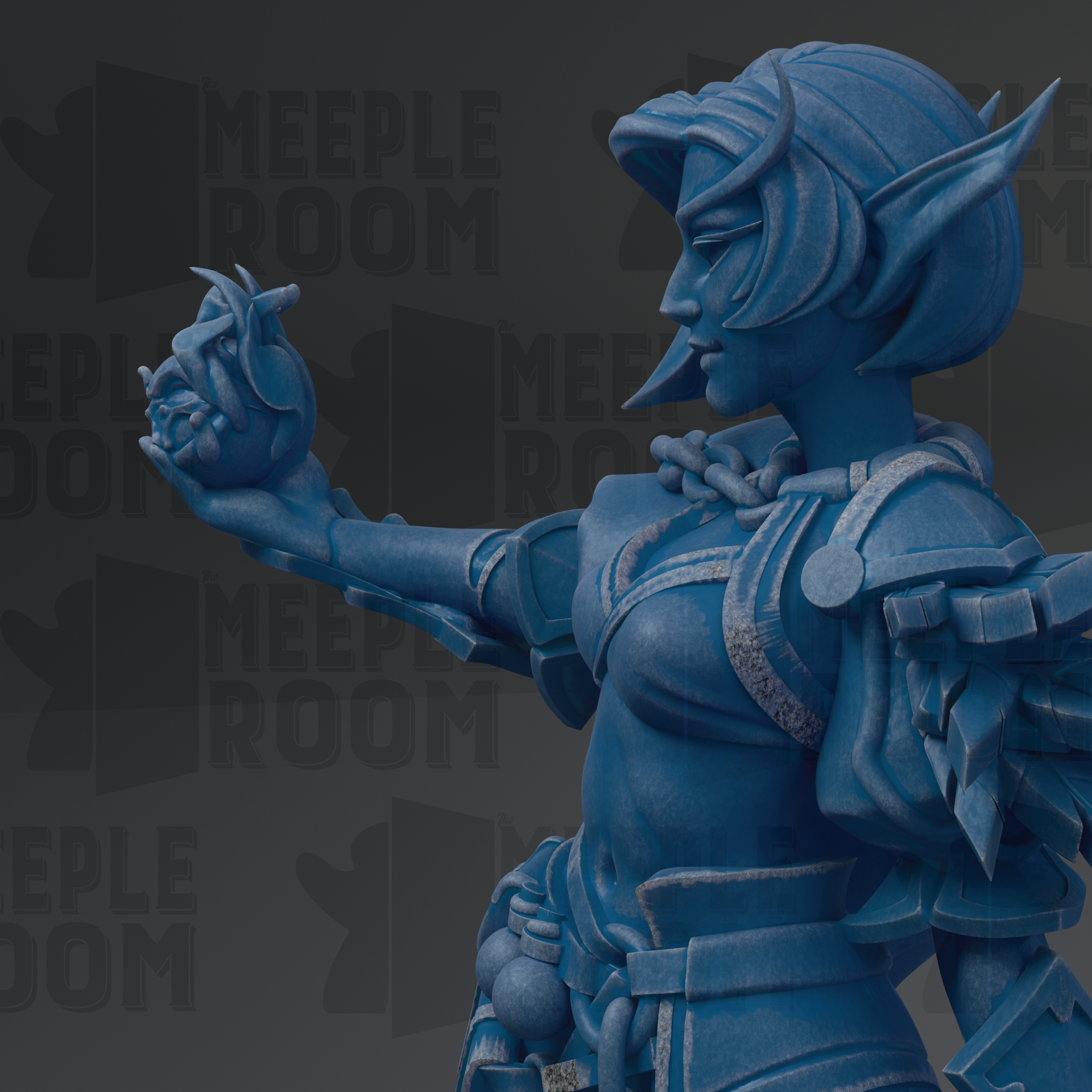 A blue statue of a female character with a large headdress and intricate armor, holding a small object in her hand.