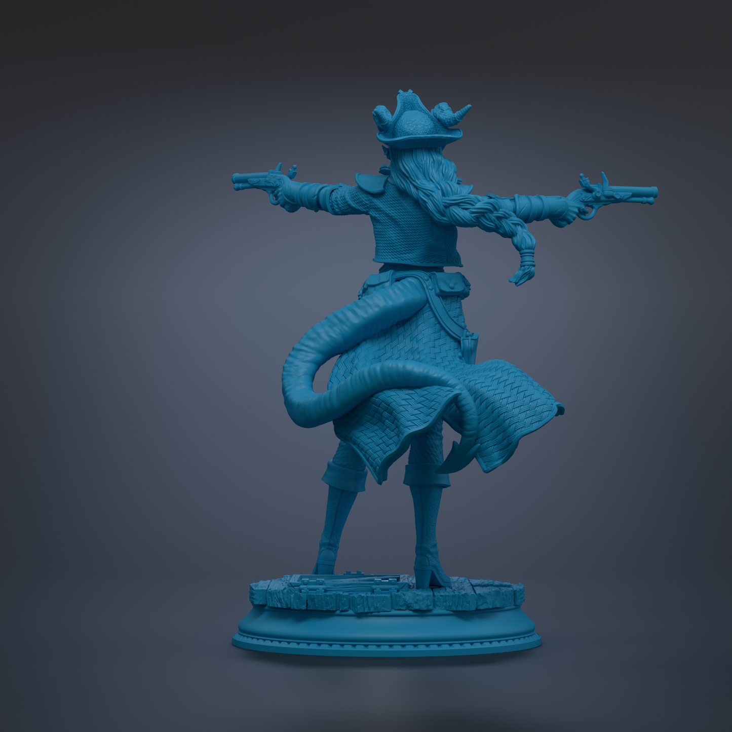 A blue statue of a pirate figure with a long beard and a hat, holding a gun in each hand and standing on a pedestal.