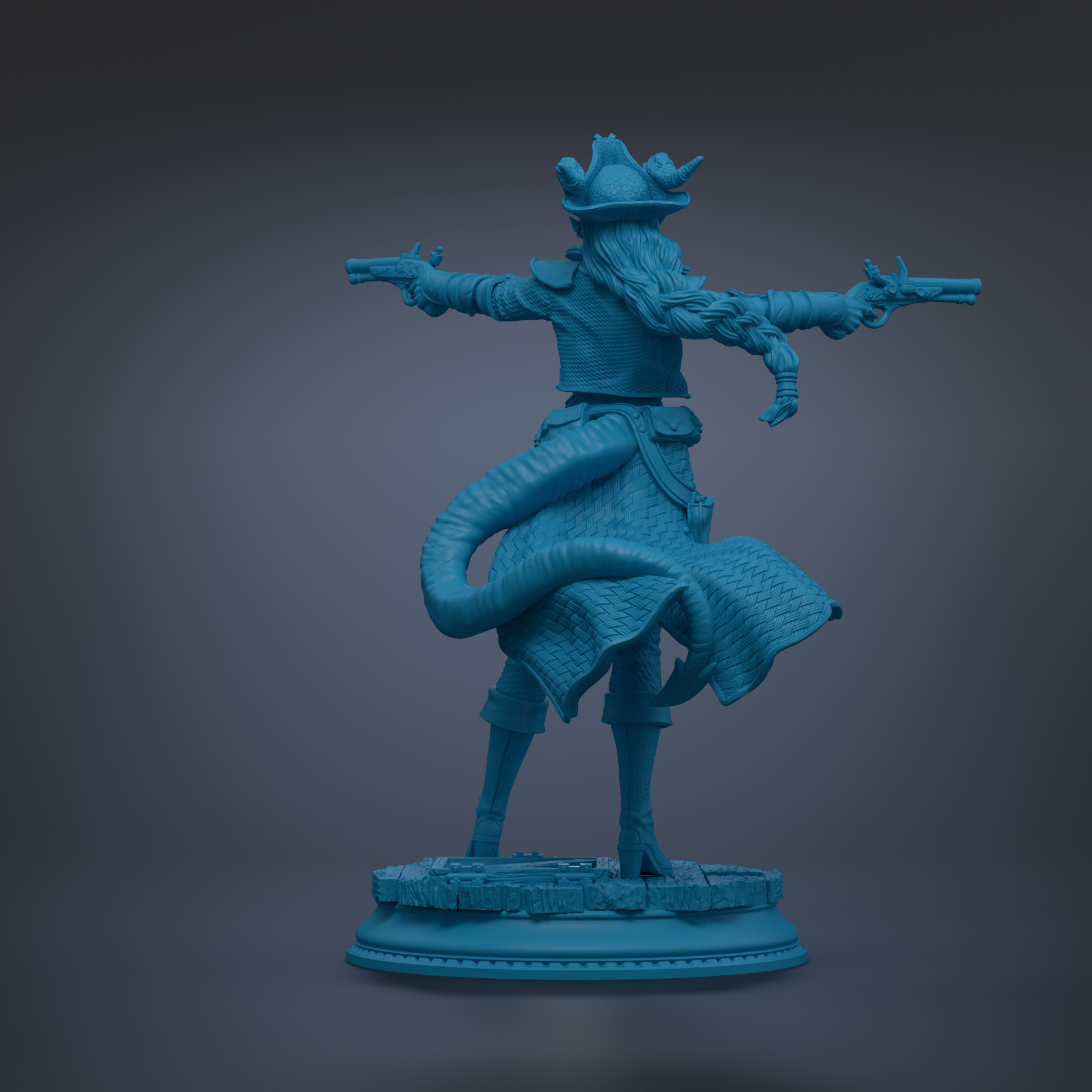 A blue statue of a pirate figure with a long beard and a hat, holding a gun in each hand and standing on a pedestal.