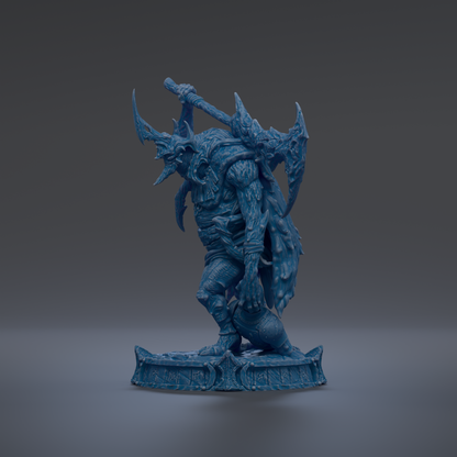 A blue, 3D-rendered fantasy creature with sharp teeth and claws, standing on a platform and holding a weapon.