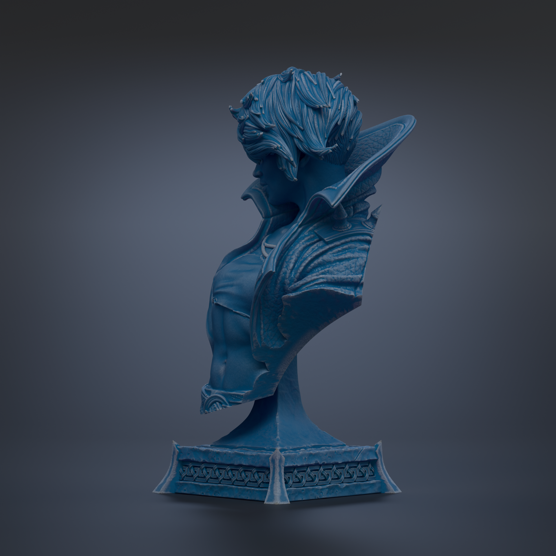 A blue bust sculpture of a person's head and shoulders, with intricate details and a dark background.