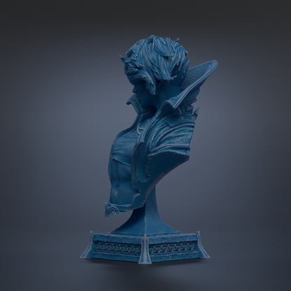 A blue bust sculpture of a person's head and shoulders, with intricate details and a dark background.