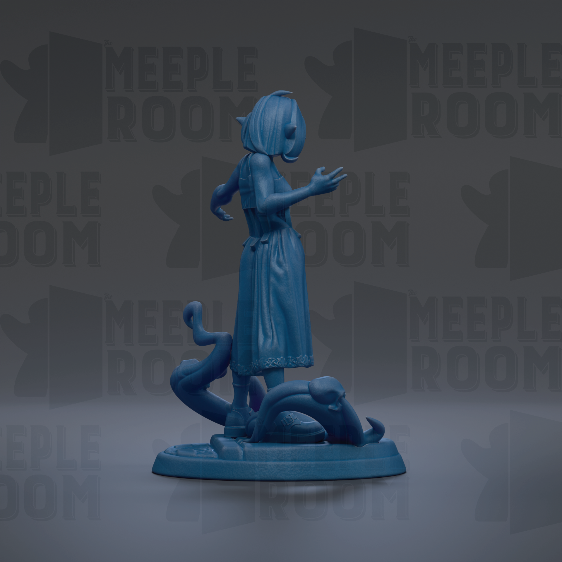 A blue figurine of a woman standing on a base, with a dark background that repeats the word "MEIPLLE ROOM" in various sizes and orientations.