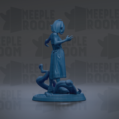 A blue figurine of a woman standing on a base, with a dark background that repeats the word "MEIPLLE ROOM" in various sizes and orientations.